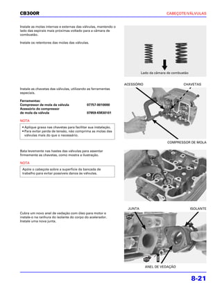 CB300R                                                                                 CABEÇOTE/VÁLVULAS


Instale as molas internas e externas das válvulas, mantendo o
lado das espirais mais próximas voltado para a câmara de
combustão.

Instale os retentores das molas das válvulas.




                                                                         Lado da câmara de combustão


                                                                ACESSÓRIO                        CHAVETAS
Instale as chavetas das válvulas, utilizando as ferramentas
especiais.

Ferramentas:
Compressor de mola da válvula              07757-0010000
Acessório do compressor
de mola da válvula                         07959-KM30101

NOTA
 • Aplique graxa nas chavetas para facilitar sua instalação.
 • Para evitar perda de tensão, não comprima as molas das
   válvulas mais do que o necessário.

                                                                                        COMPRESSOR DE MOLA

Bata levemente nas hastes das válvulas para assentar
firmemente as chavetas, como mostra a ilustração.

NOTA
 Apóie o cabeçote sobre a superfície da bancada de
 trabalho para evitar possíveis danos às válvulas.




                                                                 JUNTA                                 ISOLANTE
Cubra um novo anel de vedação com óleo para motor e
instale-o na ranhura do isolante do corpo do acelerador.
Instale uma nova junta.




                                                                            ANEL DE VEDAÇÃO


                                                                                                       8-21
 