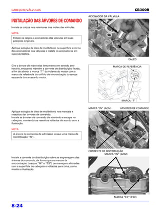 CABEÇOTE/VÁLVULAS                                                                              CB300R
                                                              ACIONADOR DA VÁLVULA

INSTALAÇÃO DAS ÁRVORES DE COMANDO
Instale os calços nos retentores das molas das válvulas.

NOTA
 Instale os calços e acionadores das válvulas em suas
 posições originais.

Aplique solução de óleo de molibdênio na superfície externa
dos acionadores das válvulas e instale os acionadores em
suas cavidades.

                                                                                           CALÇO

Gire a árvore de manivelas lentamente em sentido anti-                           MARCA DE REFERÊNCIA
horário, enquanto mantém a corrente de distribuição fixada,
a fim de alinhar a marca “T” do volante do motor com a
marca de referência do orifício de sincronização da tampa
esquerda da carcaça do motor.




                                                                                      MARCA “T”


                                                              MARCA “IN” (ADM)       ÁRVORES DE COMANDO
Aplique solução de óleo de molibdênio nos mancais e
ressaltos das árvores de comando.
Instale as árvores de comando de admissão e escape no
cabeçote, mantendo os ressaltos voltados de acordo com a
ilustração.

NOTA
 A árvore de comando de admissão possui uma marca de
 identificação “IN”.




                                                              CORRENTE DE DISTRIBUIÇÃO
                                                                        MARCA “IN” (ADM)
Instale a corrente de distribuição sobre as engrenagens das
árvores de comando, de forma que as marcas de
sincronização (marcas “IN” e “EX”) permaneçam alinhadas
com a superfície do cabeçote e voltadas para cima, como
mostra a ilustração.




                                                                                 MARCA “EX” (ESC)


8-24
 