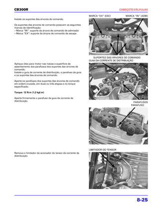 CB300R                                                                                 CABEÇOTE/VÁLVULAS

                                                                 MARCA “EX” (ESC)         MARCA “IN” (ADM)
Instale os suportes das árvores de comando.

Os suportes das árvores de comando possuem as seguintes
marcas de identificação:
– Marca “IN”: suporte da árvore de comando de admissão
– Marca “EX”: suporte da árvore de comando de escape




                                                                    SUPORTES DAS ÁRVORES DE COMANDO
                                                                 GUIA DA CORRENTE DE DISTRIBUIÇÃO
Aplique óleo para motor nas roscas e superfície de
assentamento dos parafusos dos suportes das árvores de
comando.
Instale a guia da corrente de distribuição, o parafuso da guia
e os suportes das árvores de comando.

Aperte os parafusos dos suportes das árvores de comando
em ordem cruzada, em duas ou três etapas e no torque
especificado.

Torque: 12 N.m (1,2 kgf.m)

Aperte firmemente o parafuso da guia da corrente de
distribuição.
                                                                                               PARAFUSOS
                                                                                             PARAFUSO




                                                                 LIMITADOR DO TENSOR
Remova o limitador do acionador do tensor da corrente de
distribuição.




                                                                                                  8-25
 