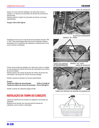 CABEÇOTE/VÁLVULAS                                                                                CB300R
                                                                                           ANEL DE VEDAÇÃO
Cubra um novo anel de vedação com óleo para motor e
instale-o na ranhura do acionador do tensor da corrente de
distribuição.
Instale e aperte o bujão do acionador do tensor no torque
especificado.

Torque: 4 N.m (0,41 kgf.m)




                                                                                        BUJÃO DO ACIONADOR
                                                                            MARCA “IN” (ADM)
Certifique-se de que as marcas de sincronização (marcas “IN”
e “EX”) das engrenagens das árvores de comando estejam
alinhadas com a superfície do cabeçote e voltadas para cima,
como mostra a ilustração.




                                                                 TAMPA DO ORIFÍCIO   MARCA “EX” (ESC)
                                                                 DE SINCRONIZAÇÃO         ANÉIS DE VEDAÇÃO
Cubra novos anéis de vedação com óleo para motor e instale-
os nas tampas do orifício da árvore de manivelas e do orifício
de sincronização.
Aplique graxa nas roscas da tampa do orifício da árvore de
manivelas e da tampa do orifício de sincronização.

Instale e aperte as tampas no torque especificado.

Torque:
Tampa do orifício de sincronização       10 N.m (1,0 kgf.m)
Tampa do orifício da árvore de manivelas 8 N.m (0,8 kgf.m)

Instale a tampa do cabeçote (página 8-26).
                                                                   TAMPA DO ORIFÍCIO DA ÁRVORE DE MANIVELAS


INSTALAÇÃO DA TAMPA DO CABEÇOTE
Limpe as superfícies de contato do cabeçote e da tampa do
cabeçote.
Aplique junta líquida nos recortes semicirculares do
cabeçote, como mostra a ilustração.




8-26
 