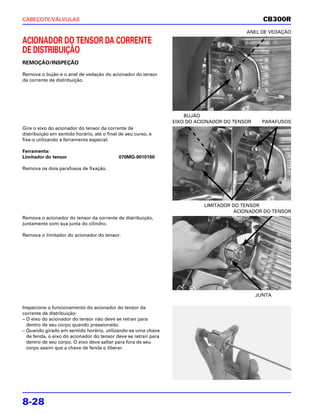 CABEÇOTE/VÁLVULAS                                                                                CB300R
                                                                                          ANEL DE VEDAÇÃO

ACIONADOR DO TENSOR DA CORRENTE
DE DISTRIBUIÇÃO
REMOÇÃO/INSPEÇÃO

Remova o bujão e o anel de vedação do acionador do tensor
da corrente de distribuição.




                                                                     BUJÃO
                                                                 EIXO DO ACIONADOR DO TENSOR     PARAFUSOS
Gire o eixo do acionador do tensor da corrente de
distribuição em sentido horário, até o final de seu curso, e
fixe-o utilizando a ferramenta especial.

Ferramenta:
Limitador do tensor                         070MG-0010100

Remova os dois parafusos de fixação.




                                                                           LIMITADOR DO TENSOR
                                                                                     ACIONADOR DO TENSOR
Remova o acionador do tensor da corrente de distribuição,
juntamente com sua junta do cilindro.

Remova o limitador do acionador do tensor.




                                                                                               JUNTA

Inspecione o funcionamento do acionador do tensor da
corrente de distribuição:
– O eixo do acionador do tensor não deve se retrair para
  dentro de seu corpo quando pressionado.
– Quando girado em sentido horário, utilizando-se uma chave
  de fenda, o eixo do acionador do tensor deve se retrair para
  dentro de seu corpo. O eixo deve saltar para fora de seu
  corpo assim que a chave de fenda o liberar.




8-28
 