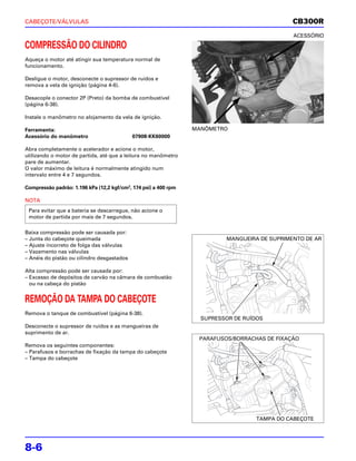 CABEÇOTE/VÁLVULAS                                                                             CB300R
                                                                                              ACESSÓRIO

COMPRESSÃO DO CILINDRO
Aqueça o motor até atingir sua temperatura normal de
funcionamento.

Desligue o motor, desconecte o supressor de ruídos e
remova a vela de ignição (página 4-6).

Desacople o conector 2P (Preto) da bomba de combustível
(página 6-38).

Instale o manômetro no alojamento da vela de ignição.

Ferramenta:                                                      MANÔMETRO
Acessório do manômetro                      07908-KK60000

Abra completamente o acelerador e acione o motor,
utilizando o motor de partida, até que a leitura no manômetro
pare de aumentar.
O valor máximo de leitura é normalmente atingido num
intervalo entre 4 e 7 segundos.

Compressão padrão: 1.196 kPa (12,2 kgf/cm2, 174 psi) a 400 rpm

NOTA
 Para evitar que a bateria se descarregue, não acione o
 motor de partida por mais de 7 segundos.

Baixa compressão pode ser causada por:
– Junta do cabeçote queimada                                              MANGUEIRA DE SUPRIMENTO DE AR
– Ajuste incorreto de folga das válvulas
– Vazamento nas válvulas
– Anéis do pistão ou cilindro desgastados

Alta compressão pode ser causada por:
– Excesso de depósitos de carvão na câmara de combustão
  ou na cabeça do pistão


REMOÇÃO DA TAMPA DO CABEÇOTE
Remova o tanque de combustível (página 6-38).
                                                                   SUPRESSOR DE RUÍDOS
Desconecte o supressor de ruídos e as mangueiras de
suprimento de ar.
                                                                  PARAFUSOS/BORRACHAS DE FIXAÇÃO
Remova os seguintes componentes:
– Parafusos e borrachas de fixação da tampa do cabeçote
– Tampa do cabeçote




                                                                                   TAMPA DO CABEÇOTE




8-6
 