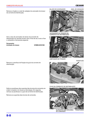 CABEÇOTE/VÁLVULAS                                                                                     CB300R
                                                                   BUJÃO DO ACIONADOR         ANEL DE VEDAÇÃO
Remova o bujão e o anel de vedação do acionador do tensor
da corrente de distribuição.




                                                                   ACIONADOR DO TENSOR DA
                                                                   CORRENTE DE DISTRIBUIÇÃO
Gire o eixo do acionador do tensor da corrente de
distribuição em sentido horário até o final de seu curso e fixe-
o utilizando a ferramenta especial.

Ferramenta:
Limitador do tensor                         070MG-0010100




                                                                   LIMITADOR DO TENSOR
                                                                                                      PARAFUSO
Remova o parafuso de fixação da guia da corrente de
distribuição.




                                                                   GUIA DA CORRENTE DE DISTRIBUIÇÃO
Solte os parafusos dos suportes das árvores de comando em
ordem cruzada e em duas ou três etapas. Em seguida,
remova os parafusos e a guia da corrente de distribuição.

Remova os suportes das árvores de comando.




                                                                          SUPORTES DAS ÁRVORES        PARAFUSOS
                                                                          DE COMANDO


8-8
 