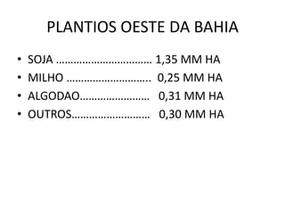 PLANTIOS OESTE DA BAHIA 
•SOJA …………………………… 1,35 MM HA 
•MILHO ……………………….. 0,25 MM HA 
•ALGODAO…………………… 0,31 MM HA 
•OUTROS……………………… 0,30 MM HA  