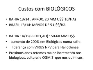 Custos com BIOLÓGICOS 
•BAHIA 13/14 : APROX. 20 MM U$$(10/HA) 
•BRASIL 13/14: MENOS DE 5 U$$/HA 
•BAHIA 14/15(PROJEÇAO) : 50-60 MM U$$ 
• aumento de 200% em Biológicos numa safra. 
• liderança com VIRUS NPV para Heliothinae 
•Proximos anos teremos maior incremento nos biológicos, cultural e OGM’S que nos químicos.  