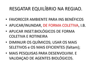 RESGATAR EQUILÍBRIO NA REGIAO. 
•FAVORECER AMBIENTE PARA INS BENÉFICOS 
•APLICAR/INUNDAR, DE FORMA COLETIVA, I.B. 
•APLICAR INSET.BIOLÓGICOS DE FORMA COLETIVA E ROTINEIRA 
•DIMINUIR OS QUÍMICOS; USAR OS MAIS SELETIVOS e OS MAIS EFICIENTES (faltam); 
•MAIS PESQUISAS PARA DESENVOLVIM. E VALIDAÇAO DE AGENTES BIOLÓGICOS.  