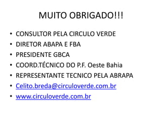 MUITO OBRIGADO!!! 
•CONSULTOR PELA CIRCULO VERDE 
•DIRETOR ABAPA E FBA 
•PRESIDENTE GBCA 
•COORD.TÉCNICO DO P.F. Oeste Bahia 
•REPRESENTANTE TECNICO PELA ABRAPA 
•Celito.breda@circuloverde.com.br 
•www.circuloverde.com.br 