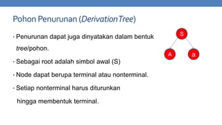 Pohon Penurunan (Derivation Tree)
S

• Penurunan dapat juga dinyatakan dalam bentuk

tree/pohon.
A
• Sebagai root adalah simbol awal (S)

• Node dapat berupa terminal atau nonterminal.
• Setiap nonterminal harus diturunkan

hingga membentuk terminal.

a

 