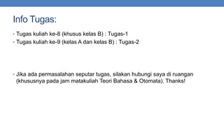 Info Tugas:
• Tugas kuliah ke-8 (khusus kelas B) : Tugas-1
• Tugas kuliah ke-9 (kelas A dan kelas B) : Tugas-2

• Jika ada permasalahan seputar tugas, silakan hubungi saya di ruangan

(khususnya pada jam matakuliah Teori Bahasa & Otomata). Thanks!

 