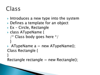 Introduces a new type into the systemDefines a template for an objectEx – Circle, Rectangleclass ATypeName { 	/* Class body goes here */ 	}ATypeName a = new ATypeName(); Class Rectangle {}Rectangle rectangle = new Rectangle();Class