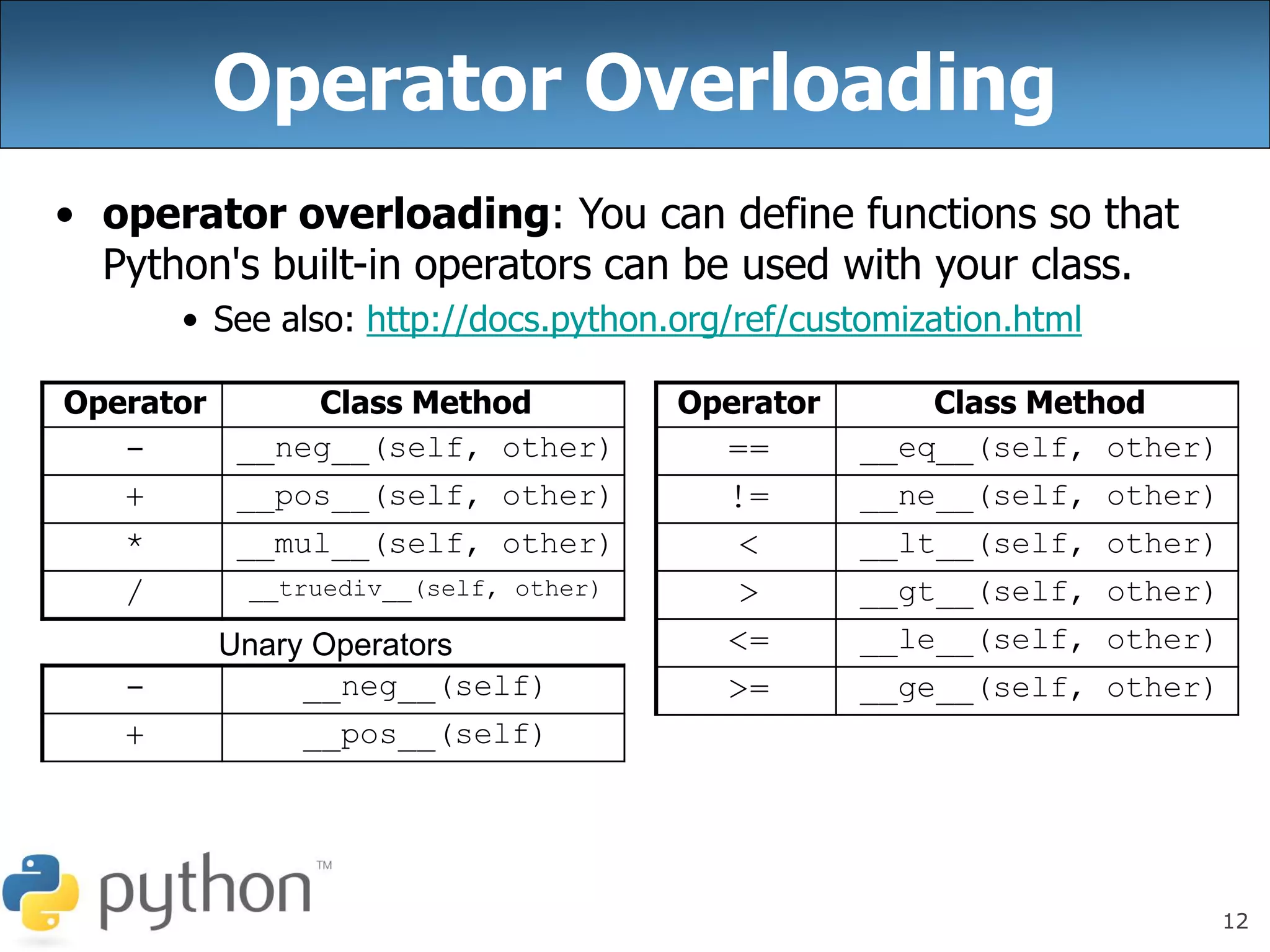 12
Operator Overloading
• operator overloading: You can define functions so that
Python's built-in operators can be used with your class.
• See also: http://docs.python.org/ref/customization.html
Operator Class Method
- __neg__(self, other)
+ __pos__(self, other)
* __mul__(self, other)
/ __truediv__(self, other)
Unary Operators
- __neg__(self)
+ __pos__(self)
Operator Class Method
== __eq__(self, other)
!= __ne__(self, other)
< __lt__(self, other)
> __gt__(self, other)
<= __le__(self, other)
>= __ge__(self, other)
 