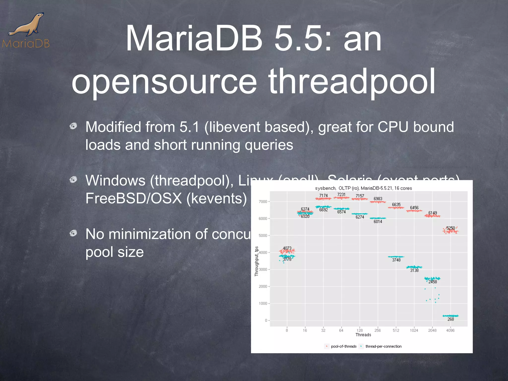 MariaDB 5.5: an opensource threadpool Modified from 5.1 (libevent based), great for CPU bound loads and short running queries Windows (threadpool), Linux (epoll), Solaris (event ports), FreeBSD/OSX (kevents) No minimization of concurrent transactions with dynamic pool size 