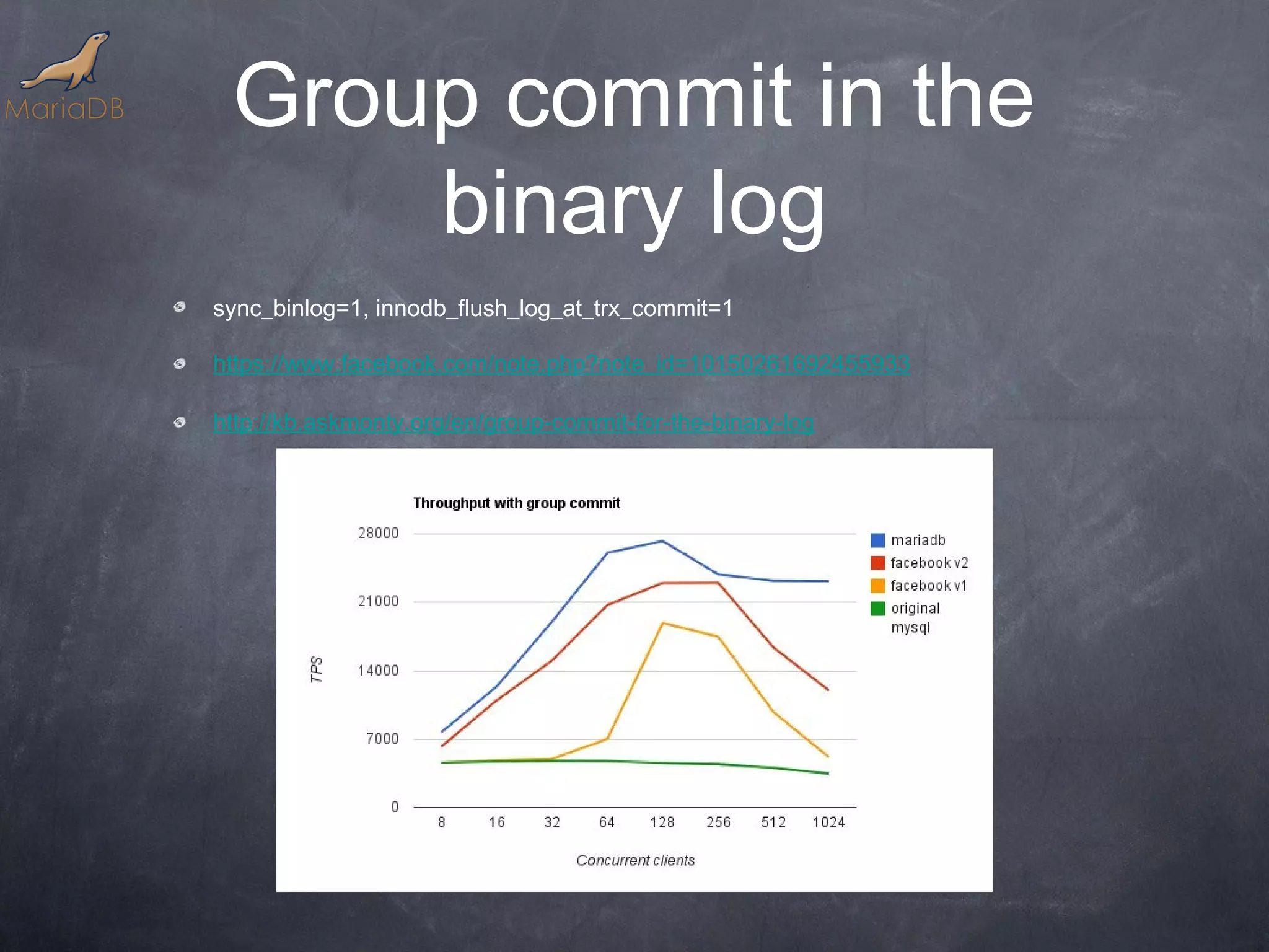Group commit in the binary log sync_binlog=1, innodb_flush_log_at_trx_commit=1 https://www.facebook.com/note.php?note_id=10150261692455933 http://kb.askmonty.org/en/group-commit-for-the-binary-log 