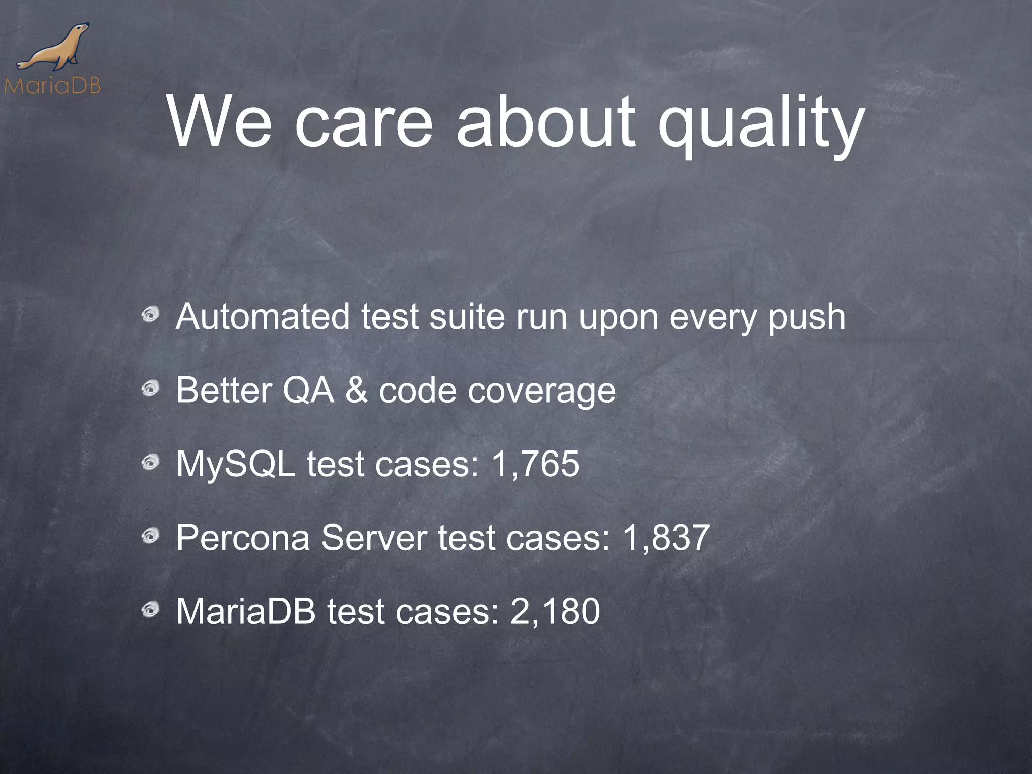 We care about quality Automated test suite run upon every push Better QA & code coverage MySQL test cases: 1,765 Percona Server test cases: 1,837 MariaDB test cases: 2,180 