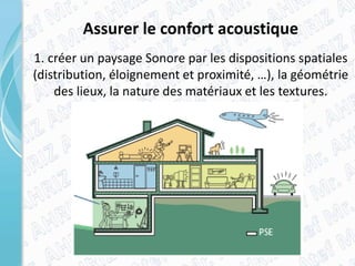 Assurer le confort acoustique
1. créer un paysage Sonore par les dispositions spatiales
(distribution, éloignement et proximité, …), la géométrie
des lieux, la nature des matériaux et les textures.
 