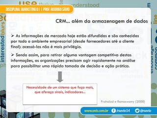 CRM... além da armazenagem de dados
Necessidade de um sistema que faça mais,
que ofereça sinais, indicadores...
# As informações de mercado hoje estão difundidas e são conhecidas
por todo o ambiente empresarial (desde fornecedores até o cliente
final): acessá-las não é mais privilégio.
# Sendo assim, para retirar alguma vantagem competitiva destas
informações, as organizações precisam agir rapidamente na análise
para possibilitar uma rápida tomada de decisão e ação prática.
Prahalad e Ramaswamy (2000)
 