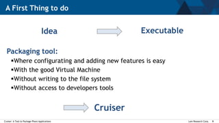 Lam Research Corp.Cruiser: A Tool to Package Pharo Applications 9
Packaging tool:
Where configurating and adding new features is easy
With the good Virtual Machine
Without writing to the file system
Without access to developers tools
Cruiser
A First Thing to do
Idea Executable
 