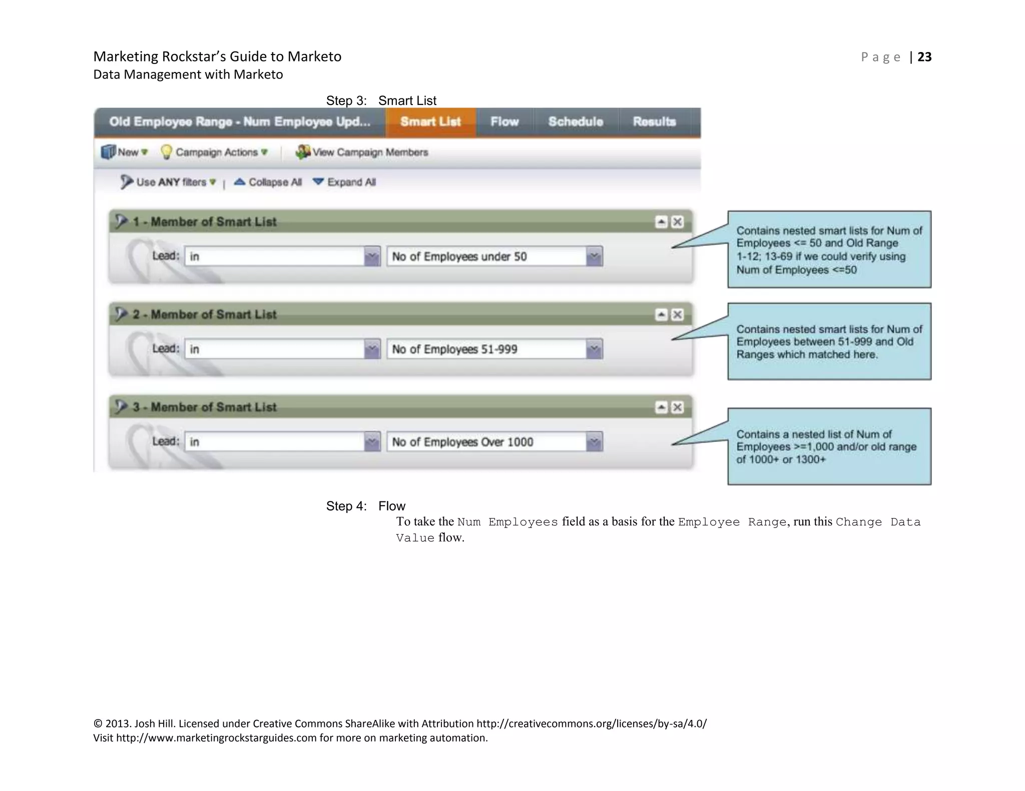 Marketing Rockstar’s Guide to Marketo P a g e | 23
Data Management with Marketo
© 2013. Josh Hill. Licensed under Creative Commons ShareAlike with Attribution http://creativecommons.org/licenses/by-sa/4.0/
Visit http://www.marketingrockstarguides.com for more on marketing automation.
Step 3: Smart List
Step 4: Flow
To take the Num Employees field as a basis for the Employee Range, run this Change Data
Value flow.
 
