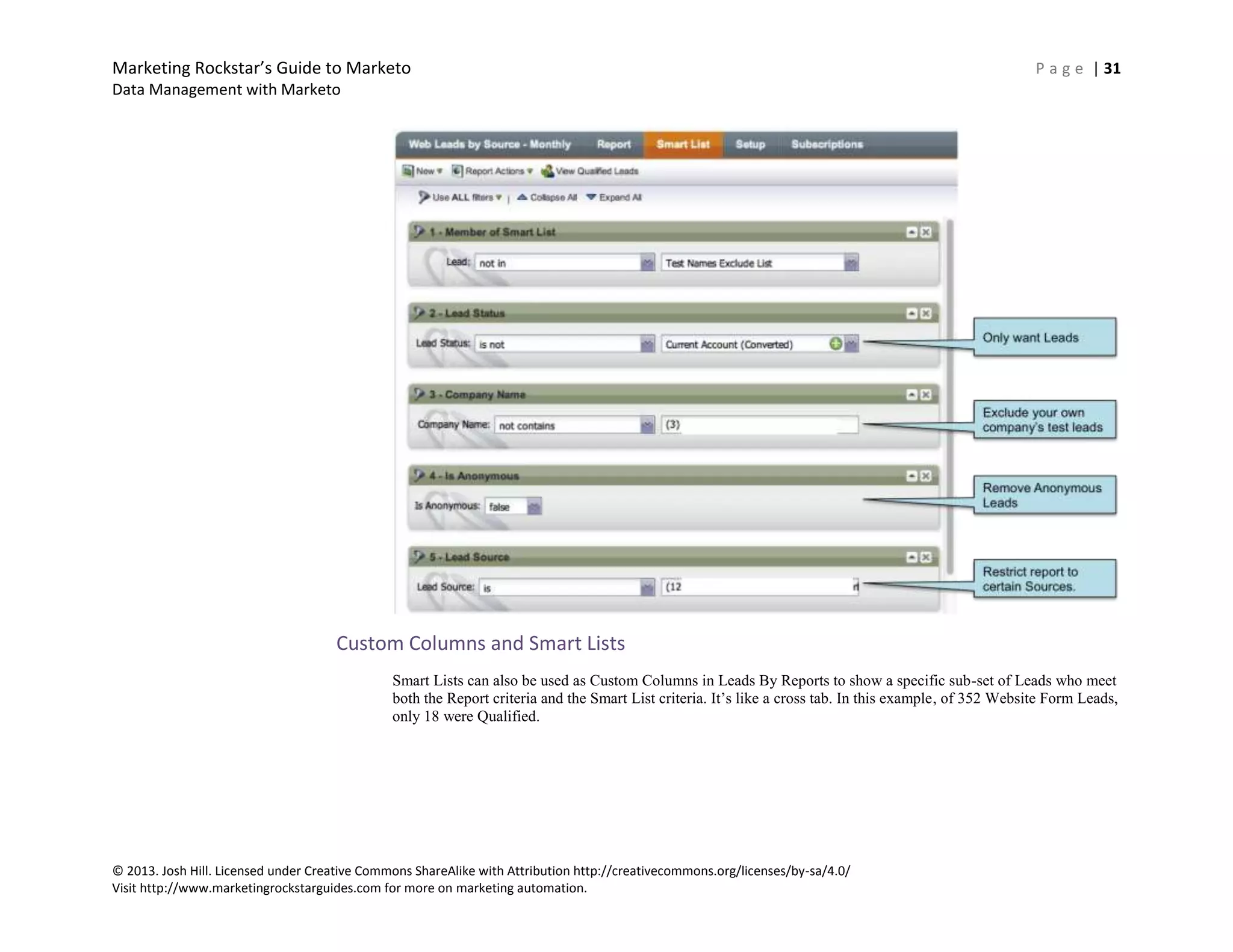 Marketing Rockstar’s Guide to Marketo P a g e | 31
Data Management with Marketo
© 2013. Josh Hill. Licensed under Creative Commons ShareAlike with Attribution http://creativecommons.org/licenses/by-sa/4.0/
Visit http://www.marketingrockstarguides.com for more on marketing automation.
Custom Columns and Smart Lists
Smart Lists can also be used as Custom Columns in Leads By Reports to show a specific sub-set of Leads who meet
both the Report criteria and the Smart List criteria. It’s like a cross tab. In this example, of 352 Website Form Leads,
only 18 were Qualified.
 