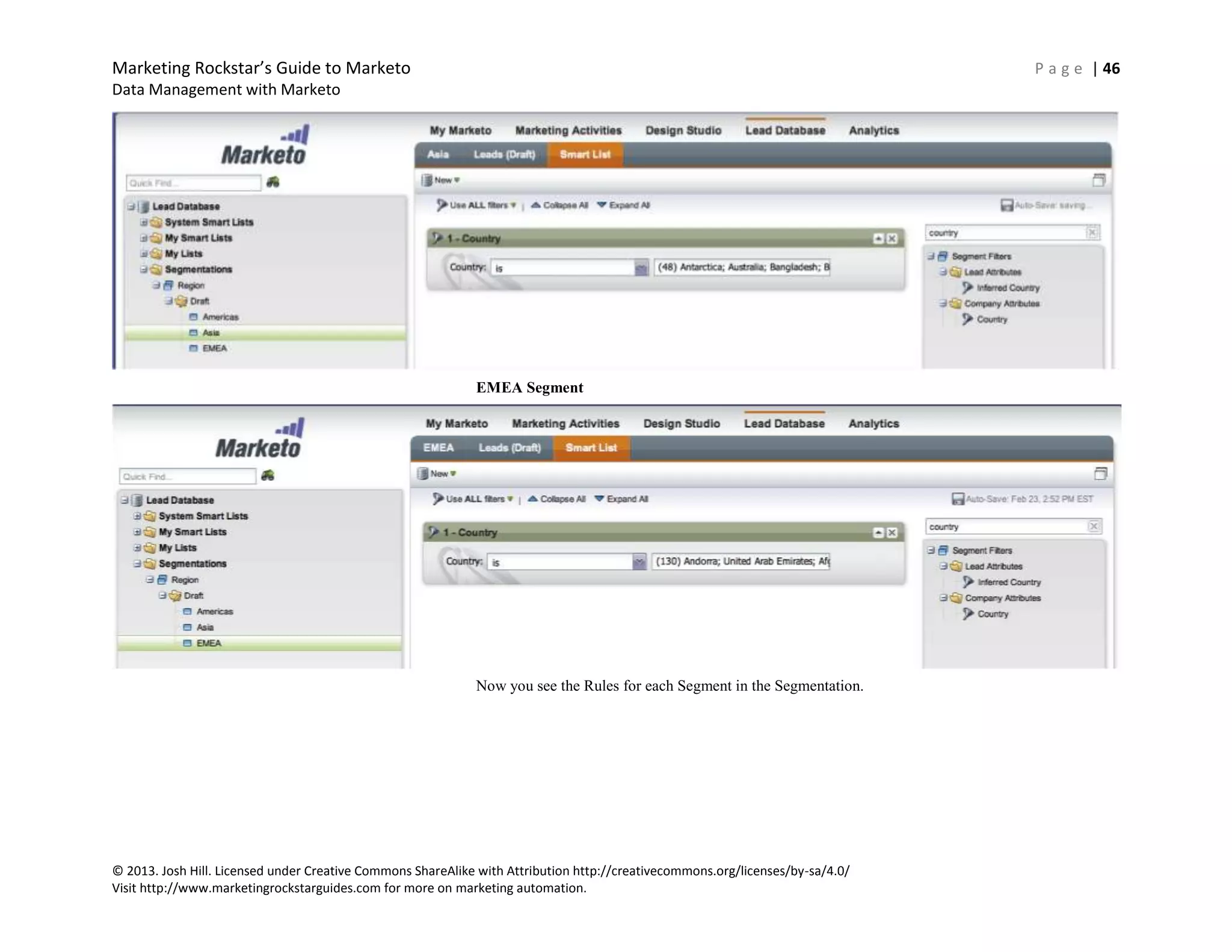 Marketing Rockstar’s Guide to Marketo P a g e | 46
Data Management with Marketo
© 2013. Josh Hill. Licensed under Creative Commons ShareAlike with Attribution http://creativecommons.org/licenses/by-sa/4.0/
Visit http://www.marketingrockstarguides.com for more on marketing automation.
EMEA Segment
Now you see the Rules for each Segment in the Segmentation.
 