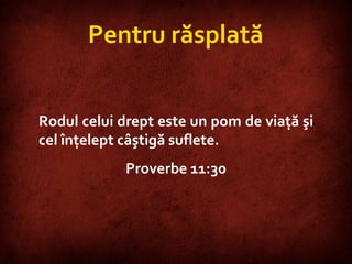 Proverbs 11:30  Pentru răsplată Rodul celui drept este un pom de viaţă şi cel înţelept câştigă suflete. Proverbe 11:30 