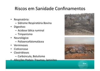 Riscos	
  em	
  Sanidade	
  Conﬁnamentos
                                           	
  

•  Respiratório:	
  
    –  Sídrome	
  Respiratória	
  Bovina	
  
•  DigesAvo:	
  
    –  Acidose	
  láAca	
  ruminal	
  
    –  Timpanismo	
  	
  
•  Neurológico	
  
    –  Polioencefalomalácea	
  	
  
•  Verminoses	
  
•  CisAcercose	
  
•  Clostridioses	
  
    –  Carbúnculo,	
  Botulismo	
  
•  Afecções	
  Podais:	
  Traumas,	
  laminites	
  
 
