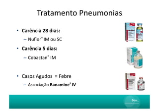 Tratamento	
  Pneumonias
                                      	
  
•  Carência	
  28	
  dias:	
  
     – Nuﬂor®	
  IM	
  ou	
  SC	
  
•  Carência	
  5	
  dias:	
  
     – Cobactan®	
  IM	
  


•  Casos	
  Agudos	
  	
  =	
  Febre	
  
     –  Associação	
  Banamine®	
  IV	
  
 