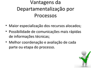 Vantagens da
      Departamentalização por
             Processos
• Maior especialização dos recursos alocados;
• Possibilidade de comunicações mais rápidas
  de informações técnicas;
• Melhor coordenação e avaliação de cada
  parte ou etapa do processo.
 