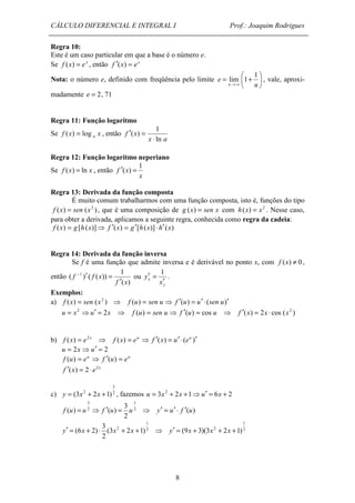 CÁLCULO DIFERENCIAL E INTEGRAL I Prof.: Joaquim Rodrigues 
Regra 10: 
Este é um caso particular em que a base é o número e. 
Se f (x) = ex , então f ¢(x) = ex 
Nota: o número e, definido com freqüência pelo limite  
y = (3x2 + 2x +1) , fazemos u = 3x2 + 2x +1⇒u¢ = 6x + 2 
f (u) = u ⇒ f ¢(u) = u ⇒ y¢ = u¢ × f ¢(u) 
y¢ = (6x + 2) × x + x + ⇒ 2 
8 
 
 = + 
 
®¥ n 
e 
n 
1 
lim 1 , vale, aproxi-madamente 
e = 2, 71 
Regra 11: Função logaritmo 
Se f x x a ( ) = log , então 
1 
x a 
f x 
ln 
( ) 
× 
¢ = 
Regra 12: Função logaritmo neperiano 
Se f (x) = ln x , então 
x 
f x 
1 
¢( ) = 
Regra 13: Derivada da função composta 
É muito comum trabalharmos com uma função composta, isto é, funções do tipo 
f (x) = sen (x2 ) , que é uma composição de g (x) = sen x com h(x) = x2 . Nesse caso, 
para obter a derivada, aplicamos a seguinte regra, conhecida como regra da cadeia: 
f (x) = g [h (x)]⇒ f ¢(x) = g¢[h (x)] × h¢(x) 
Regra 14: Derivada da função inversa 
Se f é uma função que admite inversa e é derivável no ponto x, com f (x) ¹ 0, 
então 
1 
- ¢ = ou 
( ) 
( 1 ) ( ( )) 
f x 
f f x 
¢ 
¢ = 1 
y 
x x 
y 
¢ 
. 
Exemplos: 
a) f (x) = sen (x2 ) ⇒ f (u) = sen u ⇒ f ¢(u) = u¢ × (sen u)¢ 
u = x2 ⇒u¢ = 2x ⇒ f (u) = sen u ⇒ f ¢(u) = cos u ⇒ f ¢(x) = 2x × cos (x2 ) 
b) f (x) = e2x ⇒ f (x) = eu ⇒ f ¢(x) = u¢ × (eu )¢ 
u = 2x ⇒u¢ = 2 
f (u) = eu ⇒ f ¢(u) = eu 
f ¢(x) = 2 × e2x 
3 
c) 2 
1 
2 
3 
2 
3 
2 
1 
2 
3 
(3 2 2 1) 
2 
1 
y¢ = (9x + 3)(3x2 + 2x +1) 
 