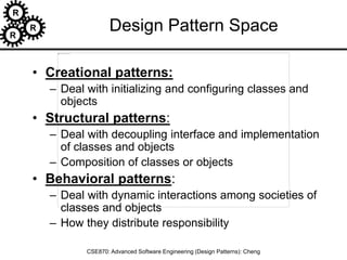 R
R
R
CSE870: Advanced Software Engineering (Design Patterns): Cheng
Design Pattern Space
• Creational patterns:
– Deal with initializing and configuring classes and
objects
• Structural patterns:
– Deal with decoupling interface and implementation
of classes and objects
– Composition of classes or objects
• Behavioral patterns:
– Deal with dynamic interactions among societies of
classes and objects
– How they distribute responsibility
 