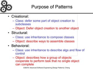 R
R
R
CSE870: Advanced Software Engineering (Design Patterns): Cheng
Purpose of Patterns
• Creational:
– Class: defer some part of object creation to
subclasses
– Object: Defer object creation to another object
• Structural:
– Class: use inheritance to compose classes
– Object: describe ways to assemble classes
• Behavioral:
– Class: use inheritance to describe algs and flow of
control
– Object: describes how a group of objects
cooperate to perform task that no single object
can complete
 