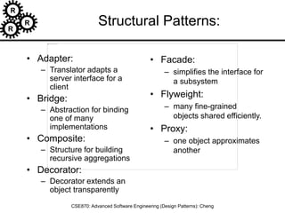 R
R
R
CSE870: Advanced Software Engineering (Design Patterns): Cheng
Structural Patterns:
• Adapter:
– Translator adapts a
server interface for a
client
• Bridge:
– Abstraction for binding
one of many
implementations
• Composite:
– Structure for building
recursive aggregations
• Decorator:
– Decorator extends an
object transparently
• Facade:
– simplifies the interface for
a subsystem
• Flyweight:
– many fine-grained
objects shared efficiently.
• Proxy:
– one object approximates
another
 