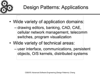 R
R
R
CSE870: Advanced Software Engineering (Design Patterns): Cheng
Design Patterns: Applications
• Wide variety of application domains:
– drawing editors, banking, CAD, CAE,
cellular network management, telecomm
switches, program visualization
• Wide variety of technical areas:
– user interface, communications, persistent
objects, O/S kernels, distributed systems
 