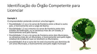 Identificação do Órgão Competente para
Licenciar
Exemplo 1
O empreendedor pretende construir uma barragem:
• Possibilidade 1.1-se o rio serve de fronteira entre o Brasil e outro
país, o licenciamento será a cargo do Ibama;
• Possibilidade 1.2-se o mesmo rio serve de fronteira entre dois
Estados da Federação, ou se atravessa mais de um Estado, o
licenciamento será pelo Ibama;
• Possibilidade 1.3-se o rio serve de fronteira entre dois Municípios,
ou atravessa mais de um Município, o licenciamento será pelo órgão
estadual do Estado em que se localizam os Municípios;
• possibilidade1.4-se o curso do rio está circunscrito aos domínios de
um único Município, o licenciamento será pelo órgão municipal
 