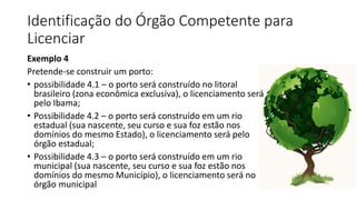 Identificação do Órgão Competente para
Licenciar
Exemplo 4
Pretende-se construir um porto:
• possibilidade 4.1 – o porto será construído no litoral
brasileiro (zona econômica exclusiva), o licenciamento será
pelo Ibama;
• Possibilidade 4.2 – o porto será construído em um rio
estadual (sua nascente, seu curso e sua foz estão nos
domínios do mesmo Estado), o licenciamento será pelo
órgão estadual;
• Possibilidade 4.3 – o porto será construído em um rio
municipal (sua nascente, seu curso e sua foz estão nos
domínios do mesmo Município), o licenciamento será no
órgão municipal
 