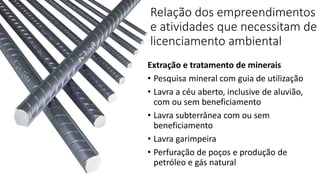 Relação dos empreendimentos
e atividades que necessitam de
licenciamento ambiental
Extração e tratamento de minerais
• Pesquisa mineral com guia de utilização
• Lavra a céu aberto, inclusive de aluvião,
com ou sem beneficiamento
• Lavra subterrânea com ou sem
beneficiamento
• Lavra garimpeira
• Perfuração de poços e produção de
petróleo e gás natural
 