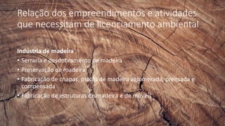Relação dos empreendimentos e atividades
que necessitam de licenciamento ambiental
Indústria de madeira
• Serraria e desdobramento de madeira
• Preservação de madeira
• Fabricação de chapas, placas de madeira aglomerada, prensada e
compensada
• Fabricação de estruturas de madeira e de móveis
 