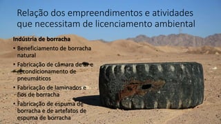 Relação dos empreendimentos e atividades
que necessitam de licenciamento ambiental
Indústria de borracha
• Beneficiamento de borracha
natural
• Fabricação de câmara de ar e
recondicionamento de
pneumáticos
• Fabricação de laminados e
fios de borracha
• Fabricação de espuma de
borracha e de artefatos de
espuma de borracha
 