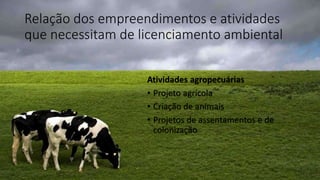 Relação dos empreendimentos e atividades
que necessitam de licenciamento ambiental
Atividades agropecuárias
• Projeto agrícola
• Criação de animais
• Projetos de assentamentos e de
colonização
 