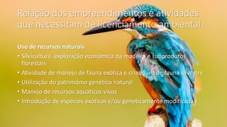Relação dos empreendimentos e atividades
que necessitam de licenciamento ambiental
Uso de recursos naturais
• Silvicultura, exploração econômica da madeira e subprodutos
florestais
• Atividade de manejo de fauna exótica e criadouro de fauna silvestre
• Utilização do patrimônio genético natural
• Manejo de recursos aquáticos vivos
• Introdução de espécies exóticas e/ou geneticamente modificadas
 