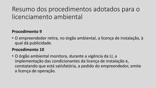 Resumo dos procedimentos adotados para o
licenciamento ambiental
Procedimento 9
• O empreendedor retira, no órgão ambiental, a licença de instalação, à
qual dá publicidade.
Procedimento 10
• O órgão ambiental monitora, durante a vigência da LI, a
implementação das condicionantes da licença de instalação e,
constatando que está satisfatória, a pedido do empreendedor, emite
a licença de operação.
 