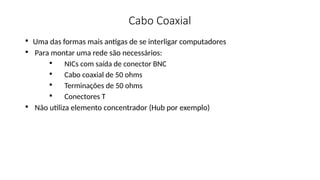 Cabo Coaxial

Uma das formas mais antigas de se interligar computadores

Para montar uma rede são necessários:

NICs com saída de conector BNC

Cabo coaxial de 50 ohms

Terminações de 50 ohms

Conectores T

Não utiliza elemento concentrador (Hub por exemplo)
 