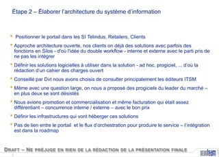 Étape 2 – Élaborer l’architecture du système d’information

• Positionner le portail dans les SI Telindus, Retailers, Clients
• Approche architecture ouverte, nos clients on déjà des solutions avec parfois des
fonctions en Silos - d'où l'idée du double workflow - interne et externe avec le parti pris de
ne pas les intégrer

• Définir les solutions logicielles à utiliser dans la solution - ad hoc, progiciel, ... d’où la
rédaction d’un cahier des charges ouvert

• Conseillé par Dvt nous avons choisis de consulter principalement les éditeurs ITSM
• Même avec une question large, on nous a proposé des progiciels du leader du marché –
en plus deux se sont désistés

• Nous avions promotion et commercialisation et même facturation qui était assez
différentiant – concurrence interne / externe – avec le bon prix

• Définir les infrastructures qui vont héberger ces solutions
• Pas de lien entre le portail et le flux d’orchestration pour produire le service – l’intégration
D RAFT – N E PRÉJUGE EN RIEN DE LA RÉDACTION DE LA PRÉSENTATION FINALE
5

Copyright

est dans la roadmap

 