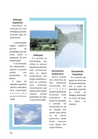 Retenção
     Superficial
     Ocorrência    no
processo do ciclo
hidrológico que pode
acumular água de
duas formas:

      • interceptação
vegetal – relativa à
parcela            da
precipitação que fica
retida     sobre     a        Infiltração
vegetação de uma            É a parcela da
maneira geral;           precipitação       que
      • acumulação       infiltra no terreno
nas depressões –         através dos vazios do
relativa à parcela       solo, contribuindo             Escoamento               Escoamento
retidas            nas   para     as    águas           Subterrâneo               Superficial
depressões         do    subterrâneas       dos         Ocorre através           É a parcela das
terreno.                 lençóis superficiais e    dos interstícios do      águas de chuva que
     A     água    da    para as camadas           solo     totalmente      flui sobre os terrenos,
retenção superficial     mais      profundas       encharcado, com          sob     a   ação    da
retorna à atmosfera      impermeáveis que          d i r e ç ã o            gravidade, buscando
pela evaporação          cortam o fluxo vertical   predominantemente        as      linhas      de
c o n f o r m e          retendo       grande      horizontal,      onde    talvegue, alcançando
anteriormente            quantidade de água        prevalecem          as   os cursos de água,
citado.                  no solo acima delas.      forças de gravidade      os      lagos,      os
                                                   e     pressão.     Tal   oceanos.
                                                   escoamento se dá
                                                   na     direção     dos
                                                   pontos mais baixos
                                                   ou      de     menor
                                                   potencial e, desta
                                                   forma,       retornam
                                                   suas     águas     aos
                                                   corpos hídricos.


18
 