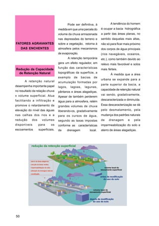 Pode ser definitiva, à            A tendência do homem
                                  medida em que uma parcela do        é ocupar a bacia hidrográfica
                                  volume da chuva armazenada          a partir das áreas planas, no
                                  nas depressões do terreno e         sentido daquelas mais altas,
FATORES AGRAVANTES                sobre a vegetação, retorna à        não só para ficar mais próximo
   DAS ENCHENTES                  atmosfera pelos mecanismos          dos corpos de água principais
                                  de evaporação.                      (rios navegáveis, oceanos,
                                           A retenção temporária      etc.), como também devido ao
                                  gera um efeito regulador, em        relevo mais favorável e solos
                                  função das características
Redução da Capacidade                                                 mais férteis.
  de Retenção Natural             topográficas da superfície, a
                                                                             À medida que a área
                                  exemplo      de     bacias    de
                                                                      urbana se expande para a
       A retenção natural         acumulação formadas por
                                                                      parte superior da bacia, a
desempenha importante papel       lagos,     lagoas,     lagunas,
no resultado da relação chuva                                         capacidade de retenção natural
                                  pântanos e áreas alagadiças.
x volume superficial. Atua                                            vai sendo, gradativamente,
                                  Apesar de também perderem
facilitando a infiltração e                                           descaracterizada e diminuída.
                                  água para a atmosfera, retém
promove o retardamento da         grandes volumes de chuva            Essa descaracterização se dá
elevação do nível das águas       liberando-os, gradativamente        pelo desmatamento, pela
nas calhas dos rios e a           para os cursos de água,             mudança dos padrões naturais
redução     dos     volumes       segundo as taxas impostas           de    drenagem      e    pela
disponíveis       para      os    conforme as       características   impermeabilização do solo e
escoamentos       superficiais.   da       drenagem          local.   aterro de áreas alagadiças.




50
 