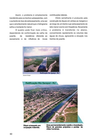 Assim, o problema é simplesmente             contribuições laterais.
transferido para os trechos subseqüentes, com              Efeito semelhante é produzido pela
o aumento do risco de extravasamento, uma vez       construção de diques em ambas as margens e
que o amortecimento natural que o hidrograma        ao longo de um trecho cujo extravasamento do
sofria a montante foi menor.                        leito menor ocorre com freqüência. Novamente
       O quadro pode ficar mais crítico,            o problema é transferido rio abaixo,
dependendo da conformação da calha de               concentrando rapidamente os volumes das
jusante,     da       resistência   oferecida ao    águas de chuva, agravando a situação nos
escoamento    e     da      influência de   novas   trechos de jusante.




                  Eduardo Sengès




                                                                              Eduardo Sengès




60
 