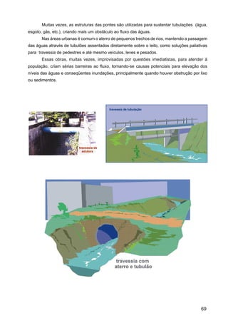 Muitas vezes, as estruturas das pontes são utilizadas para sustentar tubulações (água,
esgoto, gás, etc.), criando mais um obstáculo ao fluxo das águas.
       Nas áreas urbanas é comum o aterro de pequenos trechos de rios, mantendo a passagem
das águas através de tubulões assentados diretamente sobre o leito, como soluções paliativas
para travessia de pedestres e até mesmo veículos, leves e pesados.
       Essas obras, muitas vezes, improvisadas por questões imediatistas, para atender à
população, criam sérias barreiras ao fluxo, tornando-se causas potenciais para elevação dos
níveis das águas e conseqüentes inundações, principalmente quando houver obstrução por lixo
ou sedimentos.




                                                                                         69
 