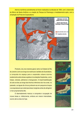 Aterros marítimos semelhantes só foram realizados na década de 1950, com o desmonte
do Morro de Santo Antônio e a criação do Parque do Flamengo e imediatamente após, com a
ampliação da Praia de Copacabana.




       Portanto, de uma maneira geral, tanto na Cidade do Rio
de Janeiro como ao longo do recôncavo da Baía de Guanabara,
a conquista do espaço para a expansão urbana ocorreu
exatamente sobre áreas sujeitas à inundações freqüentes, como
brejos, várzeas, pântanos e manguezais. A impermeabilização
do solo se deu ao longo dos trechos inferiores dos rios onde, no
passado, as águas de chuva juntavam-se em pequenos braços
e se espraiavam por extensas áreas marginais antes de atingirem
o mar propriamente dito.
       O desmatamento marcou a conquista e ocupação de
novas áreas e, infelizmente, embora em menor intensidade,
ocorre até os dias de hoje.




                                                                                      77
 