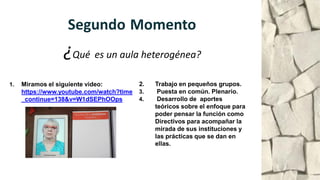 Segundo Momento
1. Miramos el siguiente video:
https://www.youtube.com/watch?time
_continue=138&v=W1dSEPhOOps
2. Trabajo en pequeños grupos.
3. Puesta en común. Plenario.
4. Desarrollo de aportes
teóricos sobre el enfoque para
poder pensar la función como
Directivos para acompañar la
mirada de sus instituciones y
las prácticas que se dan en
ellas.
¿Qué es un aula heterogénea?
 