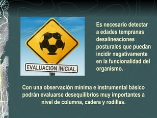 Es necesario detectar
                             a edades tempranas
                             desalineaciones
                             posturales que puedan
                             incidir negativamente
                             en la funcionalidad del
                             organismo.


Con una observación mínima e instrumental básico
podrán evaluarse desequilibrios muy importantes a
       nivel de columna, cadera y rodillas.
 